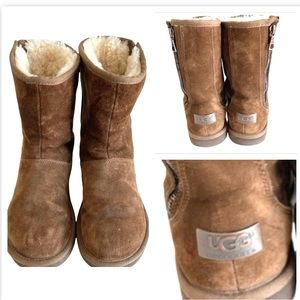 UGG Suede Camel Winter Boots Side Zip Size 6